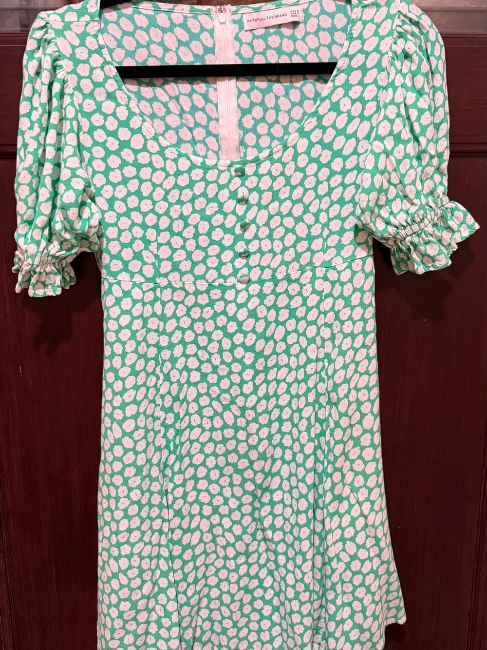 Faithfull the Brand Mint Green and White Floral Puff-Sleeve Dress